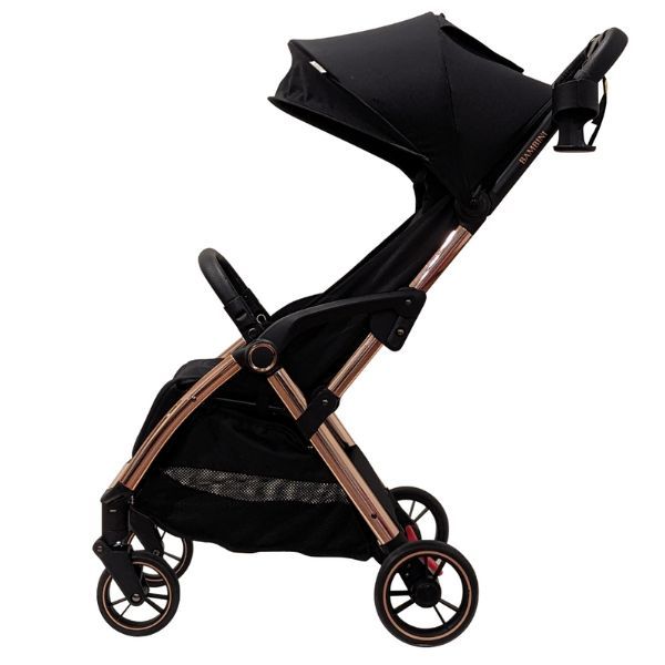 Bambini Prams Paris Travel Stroller Black Fabric with Rose Gold Frame