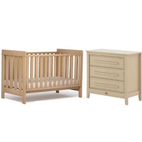 Boori Daintree Cot Bed V19 with dropside Almond Breathable Mattress Linear Chest Almond