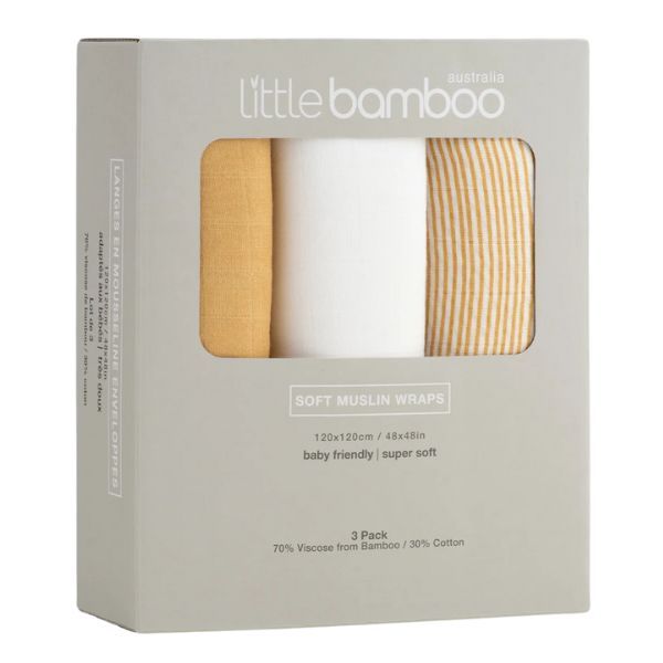 Little Bamboo Muslin Wraps 3 Pack Linear Sands Marigold
