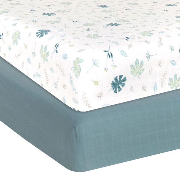 Living Textiles Organic Muslin 2pk Cot Fitted Sheets Banana Leaf Teal