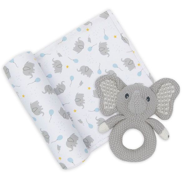 Living Textiles Whimsical Mason Jersey Swaddle Rattle Set Elephant
