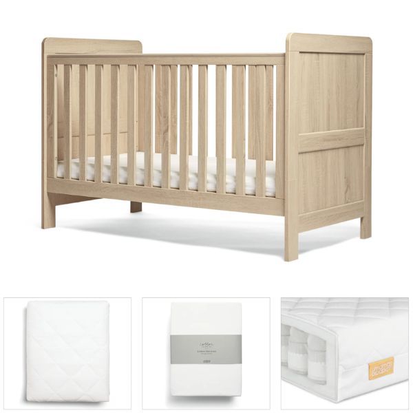 Mamas Papas Atlas 4 Pc Set with Cot Bed Mattress Fitted Sheets and Mattress Protector Light Oak
