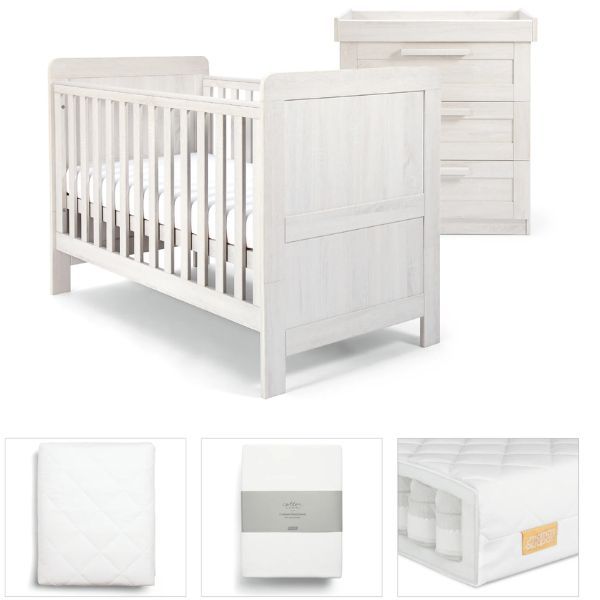Mamas Papas Atlas 5 Pc Set with Cot Bed Dresser Changer Mattress Fitted Sheets and Mattress Protector White
