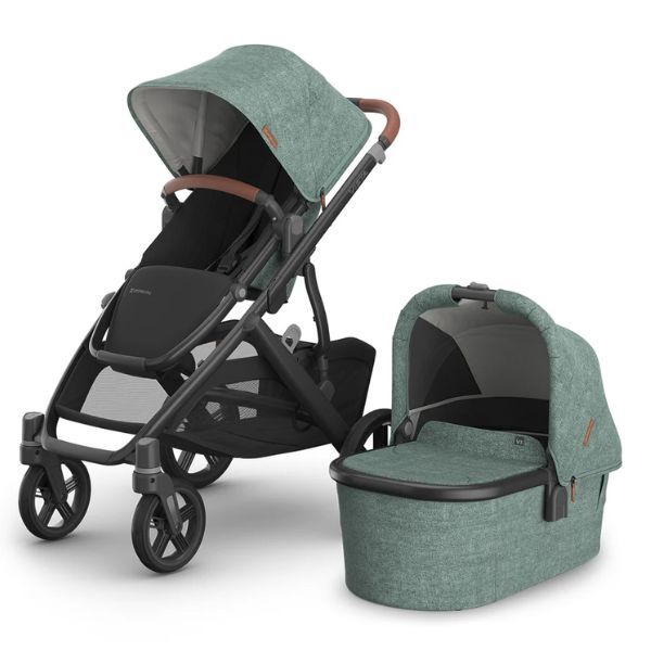 UPPAbaby Vista V3 Pram with Bassinet GWEN Green Melange Carbon Frame Saddle Leather