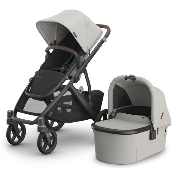 UPPAbaby Vista V3 Pram with Bassinet SAVANNAH Pearl Grey Jacquard Carbon Frame Chestnut Leather