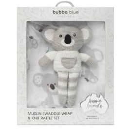 Bubba Blue Aussie Animals Koala Muslin Swaddle Wrap and Knit Rattle Toy Gift Set